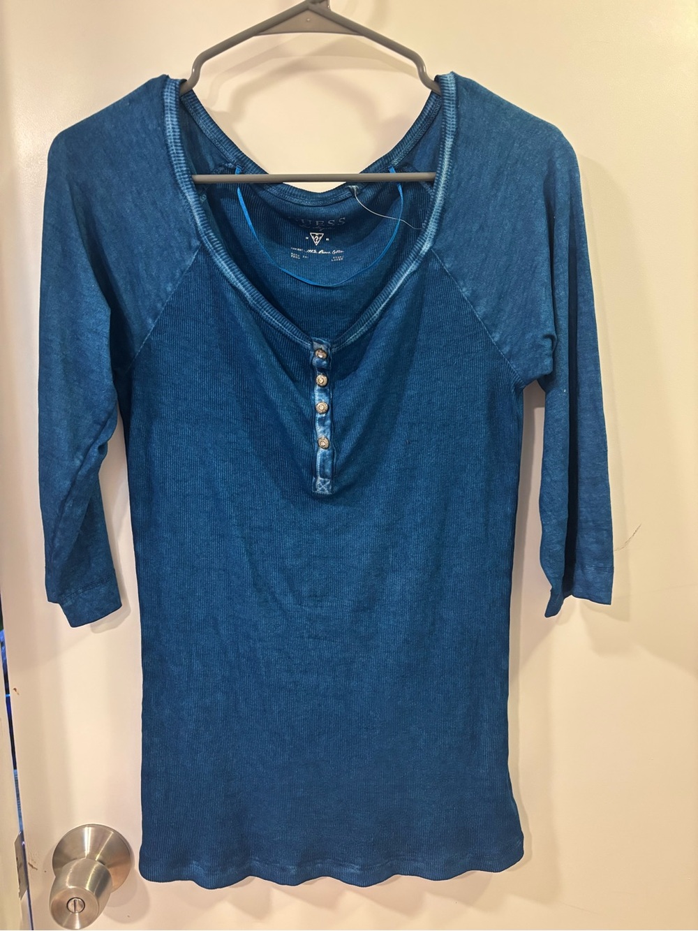 Guess Deep Teal Henley Long Sleeve Top